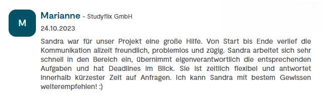 Kommentar von Marianna über die Unterstützung für ein Projekt und Zusammenarbeit mit Kollegen.