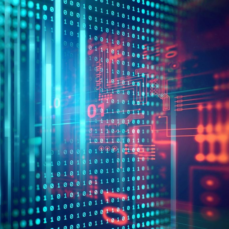 Digitale Datenströme mit binären Zahlen in roten und blauen Farben.